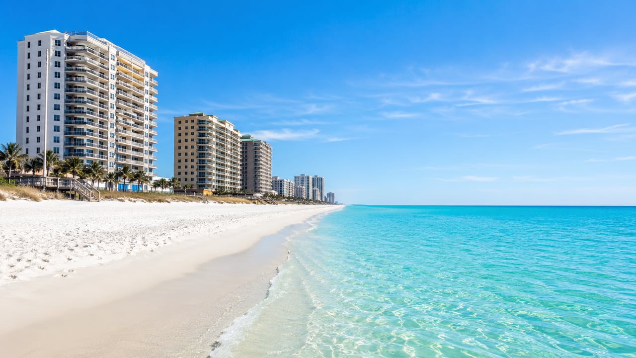 White-sand beach and emerald Gulf water near St. Andrews State Park in Panama City Beach