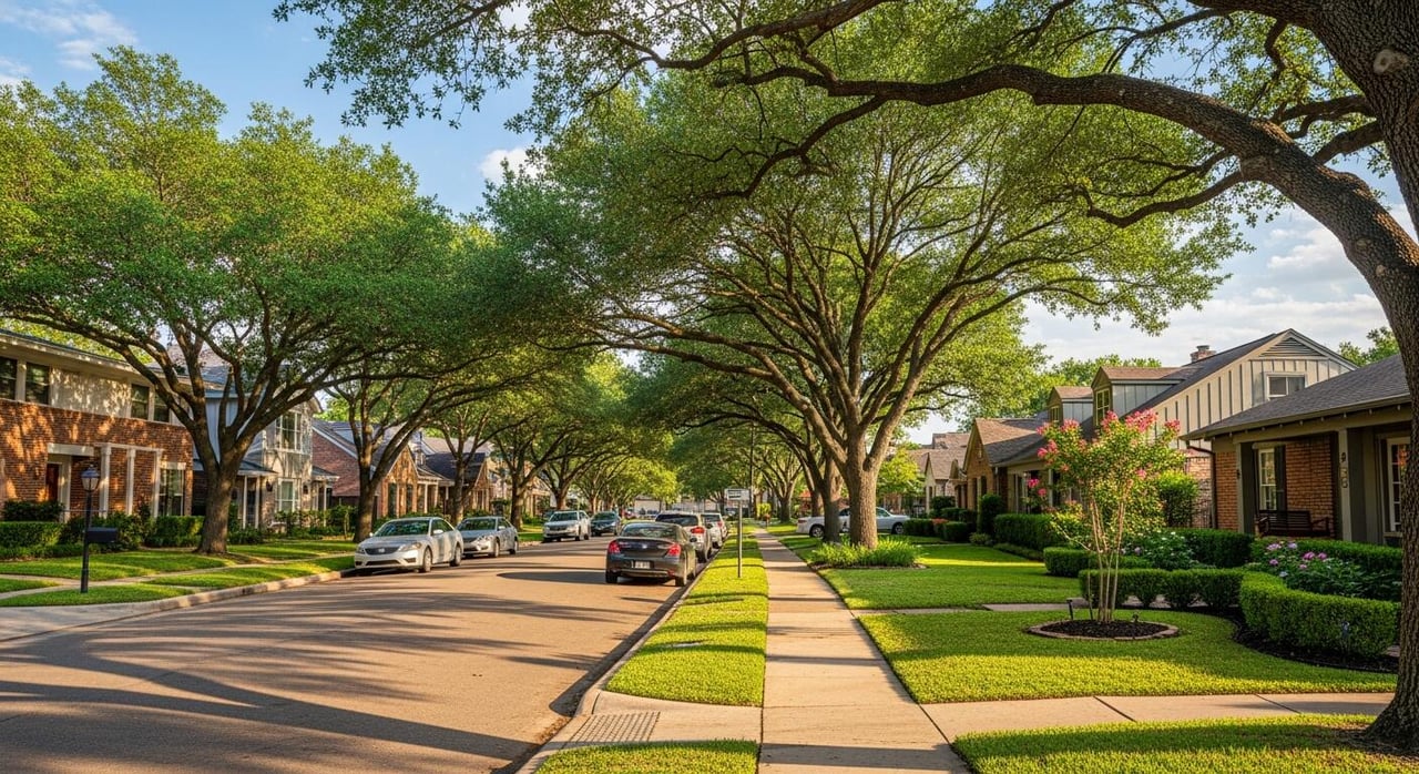 Tree-lined residential street in Lazybrook and Timbergrove Houston