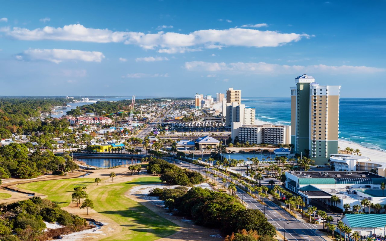 Aerial view of the Panama City Beach Gulf Coast Salute Air Show area and Gulf-front resort corridor