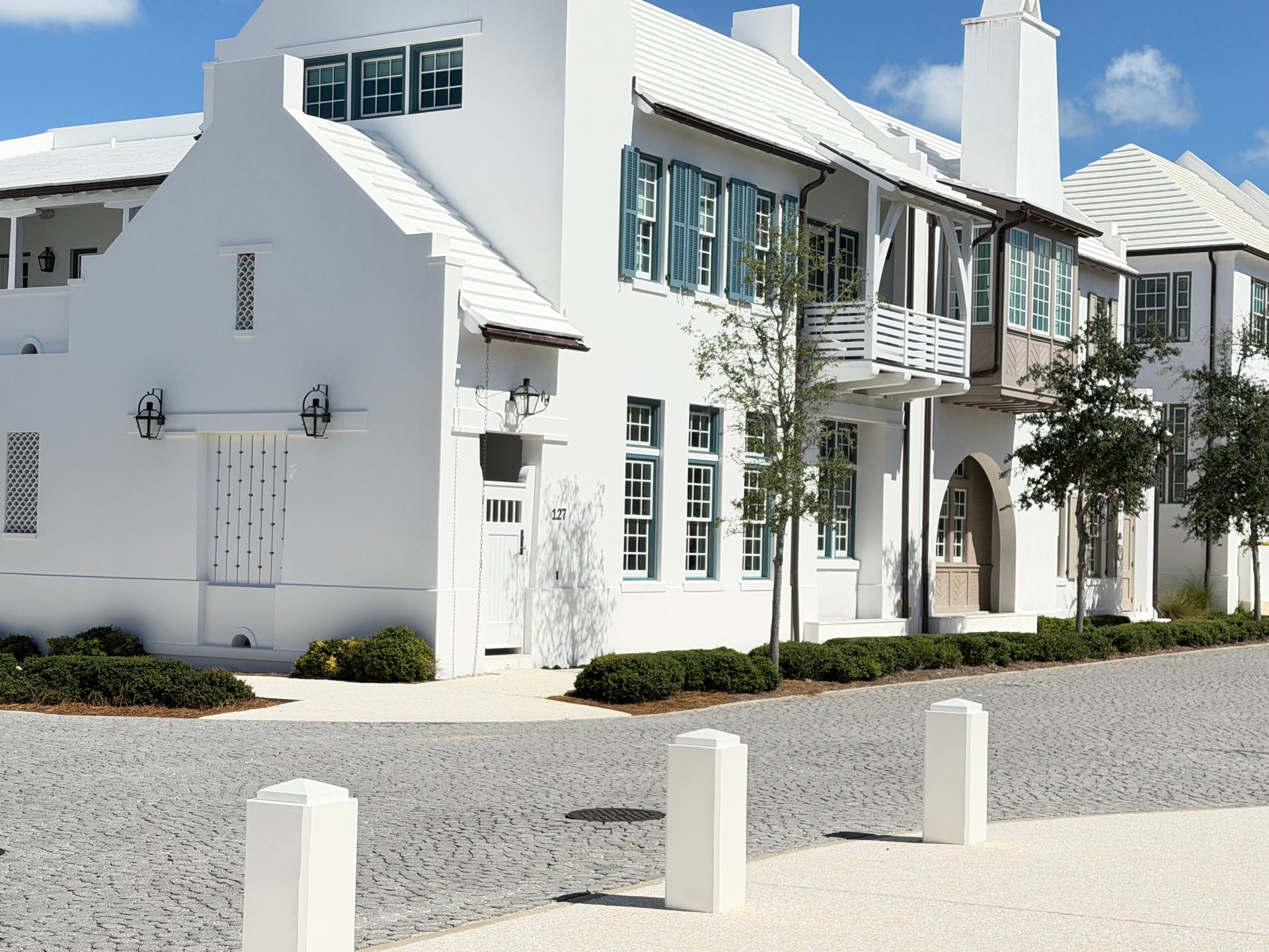 White luxury homes and architectural details in Alys Beach Florida