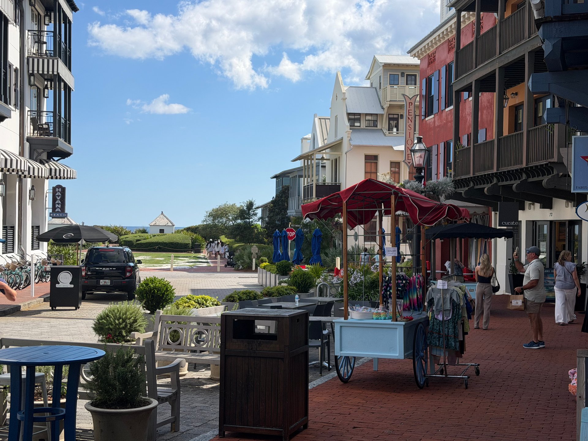 Rosemary Beach walkable town center with shops and restaurants near the Gulf of Mexico