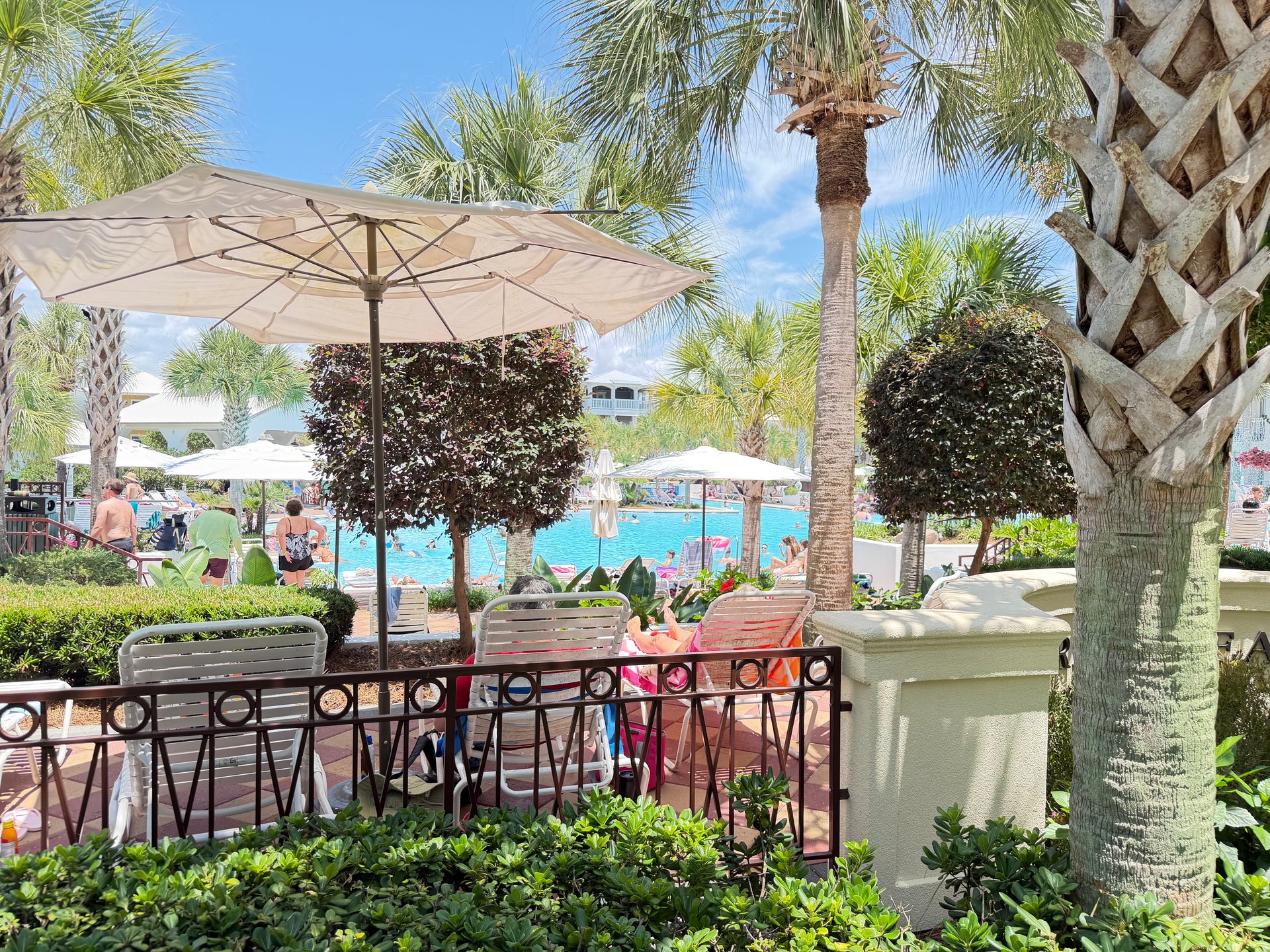 Lounge seating and palm trees beside the Seacrest Beach lagoon pool