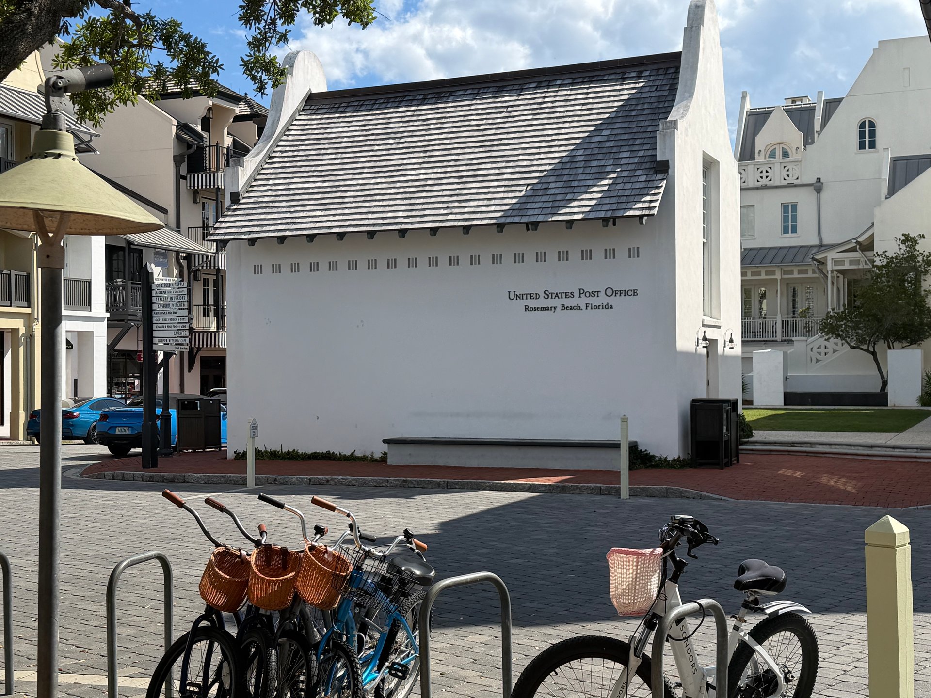 Bicycles and post office in Rosemary Beach Florida showing walkable 30A lifestyle