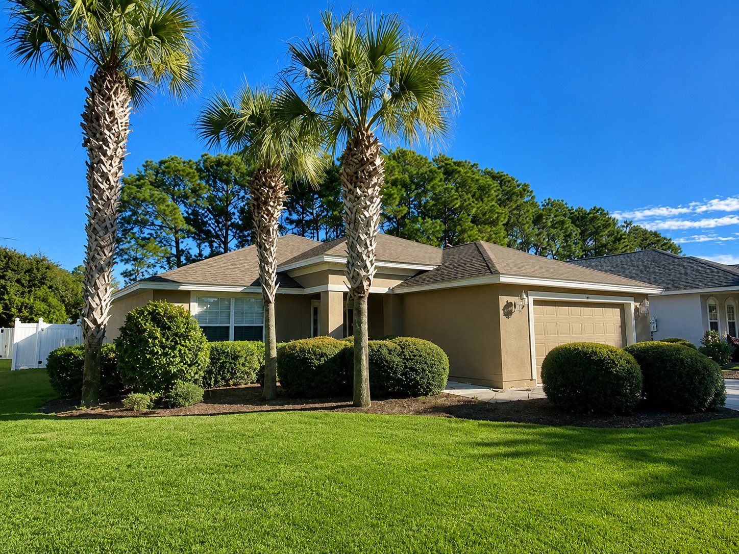 Single-story home with palm trees in Palmetto Trace, Panama City Beach, Florida