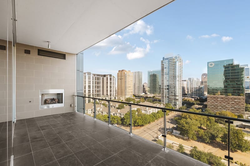 Private terrace of Residence 1507 at Bleu Ciel overlooking Dallas
