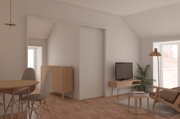 The living room of the Set&uacute;bal apartment