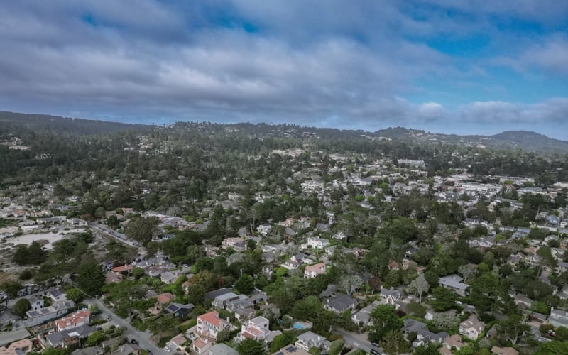 Aerial view of Piedmont residential streets and wooded hills