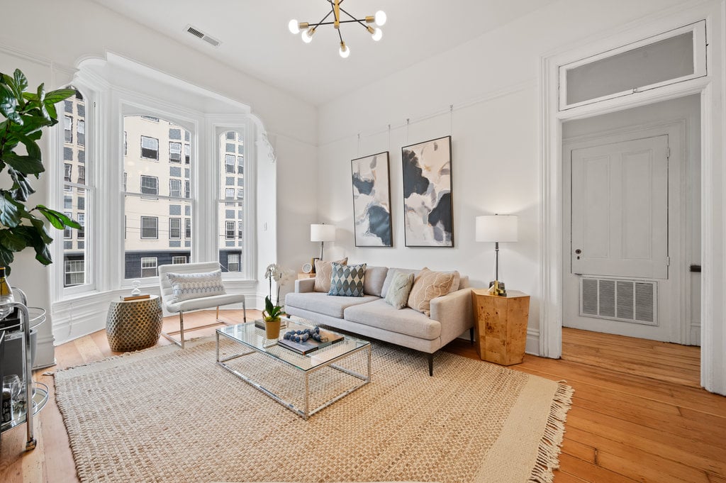 Staged living area at 612 Buchanan Street, Hayes Valley condominium in San Francisco