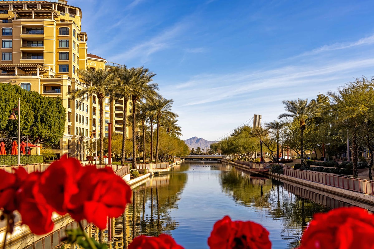 Scottsdale canal lined with palm trees