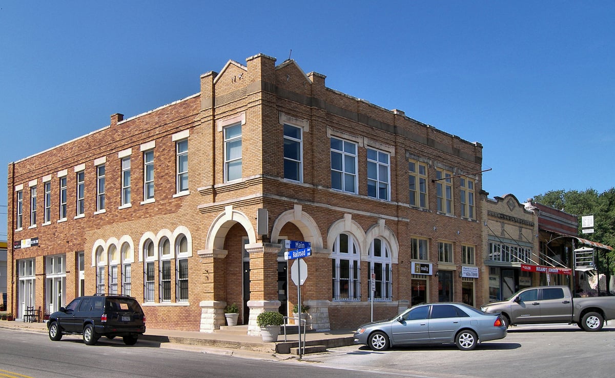 Brick storefront in the East Main Street Historic District in Pflugerville, Texas