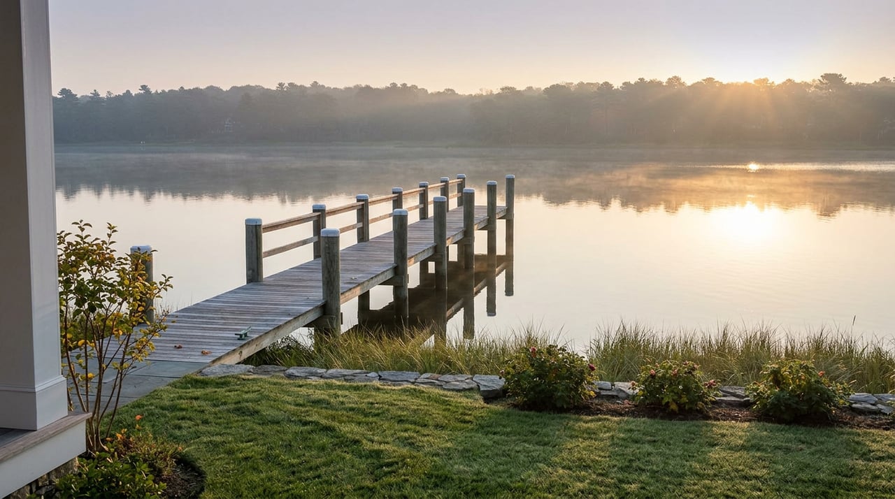 Weathered cedar dock extends across calm, gold-reflecting water toward a lawn and porch at dawn.