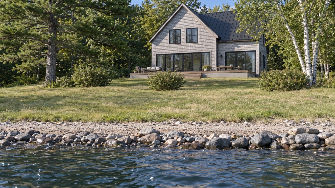 Two-story cedar-sided house behind a broad lawn, with rounded-stone shore and rippled water in the foreground.