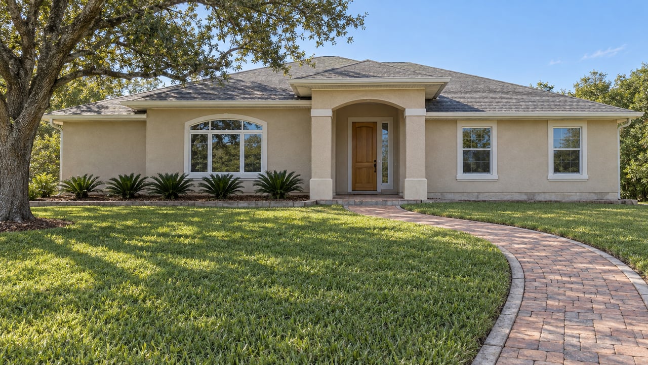 Sand-colored single-story home with an arched entry, curved paver walk and broad lawn beneath a mature oak.