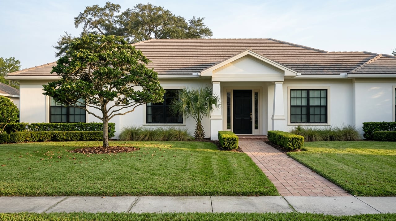 White stucco home with black-framed windows, brick walkway, trimmed hedges, and a spreading oak over the lawn.