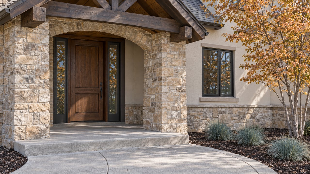 Tan stone arched entry with a dark wood door, paired glass sidelights, a timber porch truss and autumn serviceberry beside a curved concrete approach.