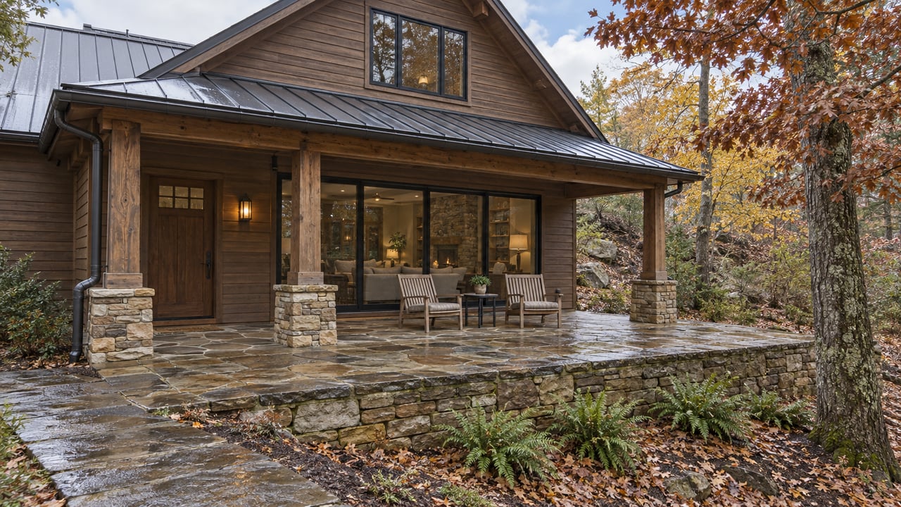 Timber home with a covered sandstone terrace, black-framed windows and autumn oak and maple foliage on a wooded slope.
