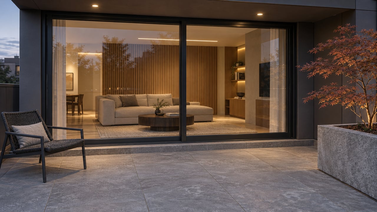 An evening condominium terrace with gray stone paving, a charcoal woven chair and a copper-leaved Japanese maple beside closed glass doors to a warmly lit living room.