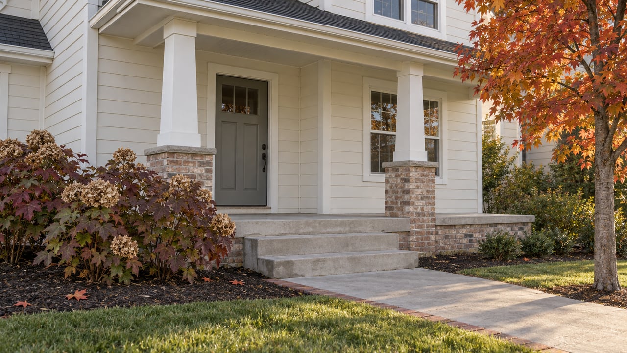 Covered entry of a light-sided house with white porch posts, concrete steps and autumn oakleaf hydrangeas beside a brick-edged walk.