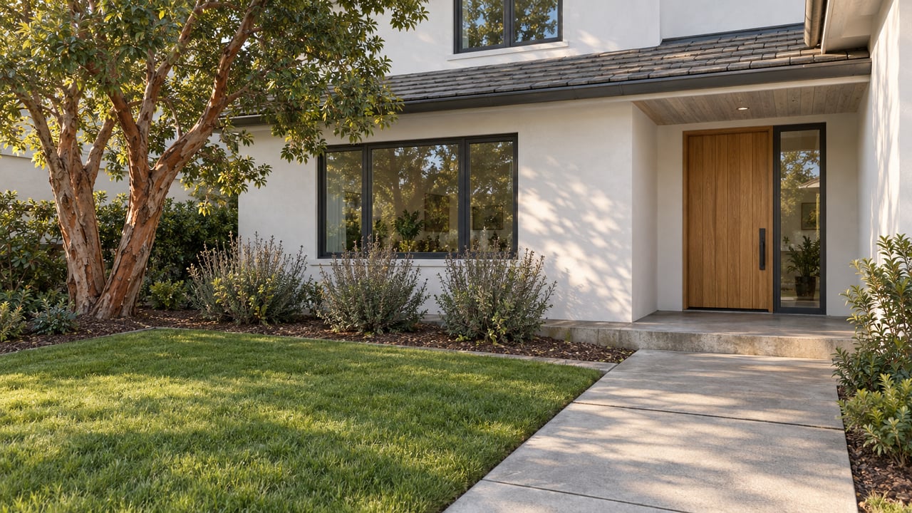 White stucco home with dark-framed windows, an oak front door, and a concrete approach bordered by lawn and a sculptural tree.