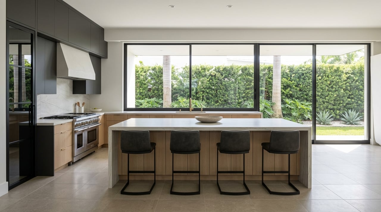 Luxury kitchen and breakfast area with quartzite surfaces, black frames, and brass accents.