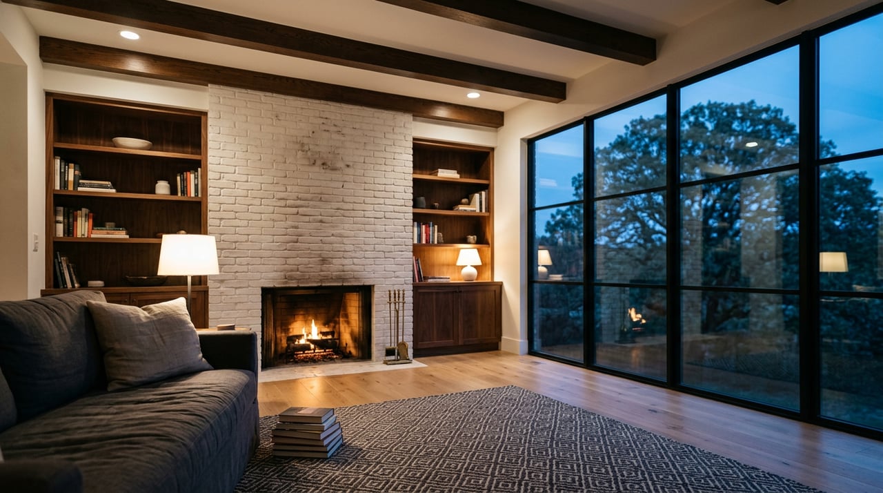 Living room with a lit brick fireplace, walnut bookshelves, and a bur oak silhouetted through black-framed windows.