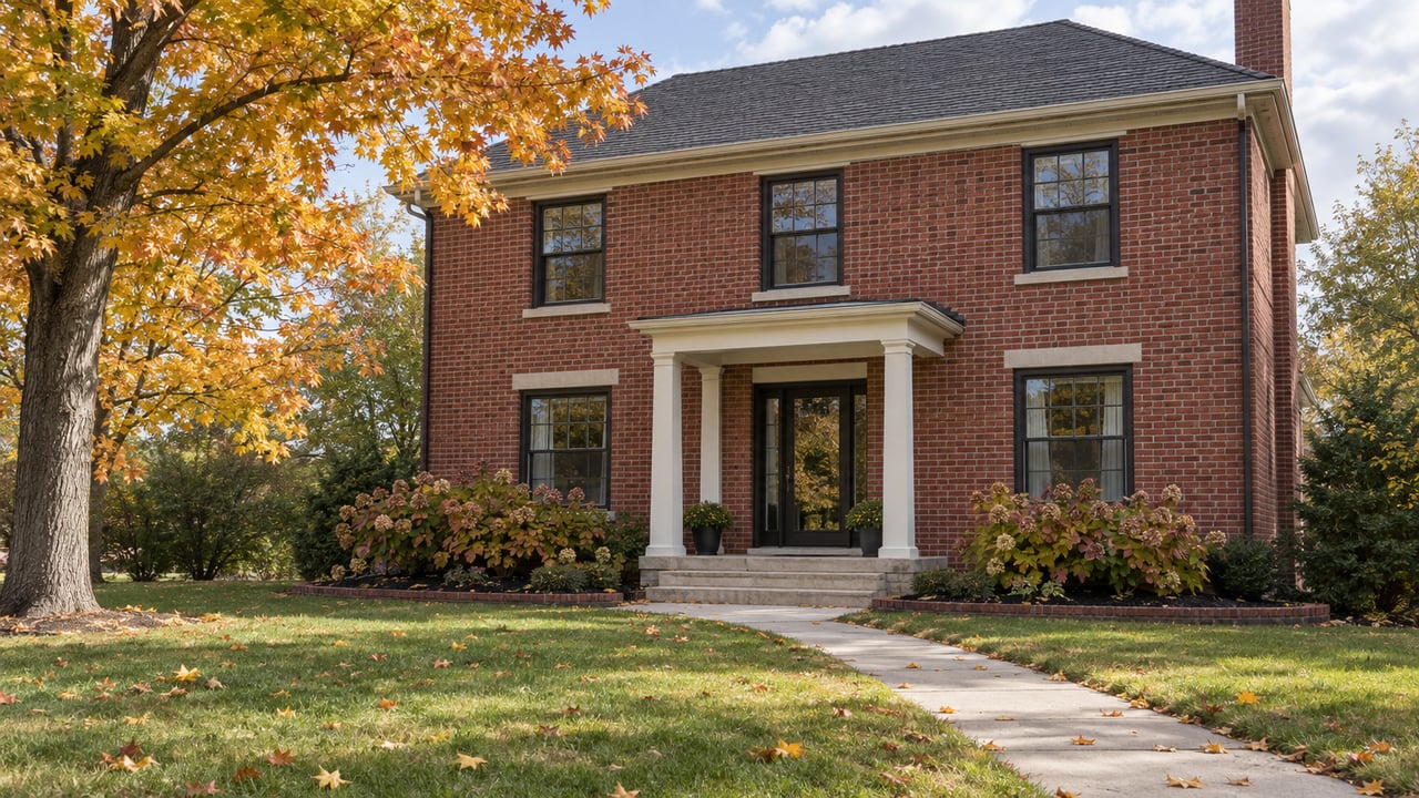 Two-story red-brick house with a columned porch, concrete walk, and amber maple beside the lawn.