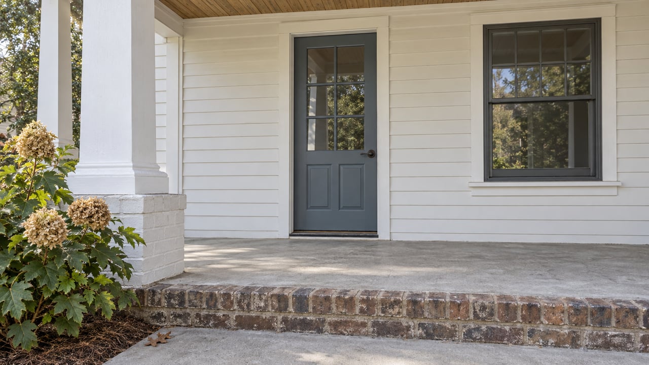 A covered home entrance with white wood siding, a blue-gray glazed door, an aged wood porch ceiling and brick-edged steps beside oakleaf hydrangea.