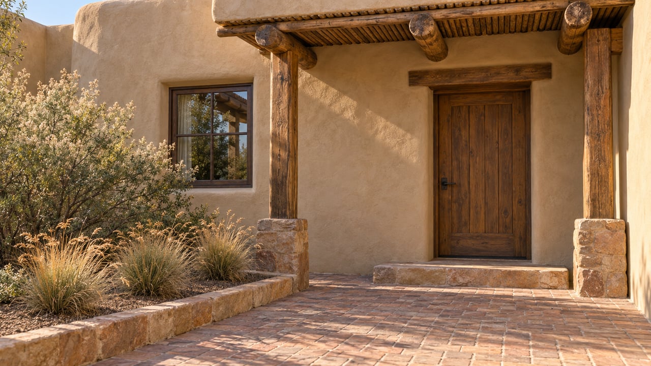 Earth-toned stucco home entry with a timber portal, wooden door, brick paving, and dry native grasses beside an Apache plume shrub.