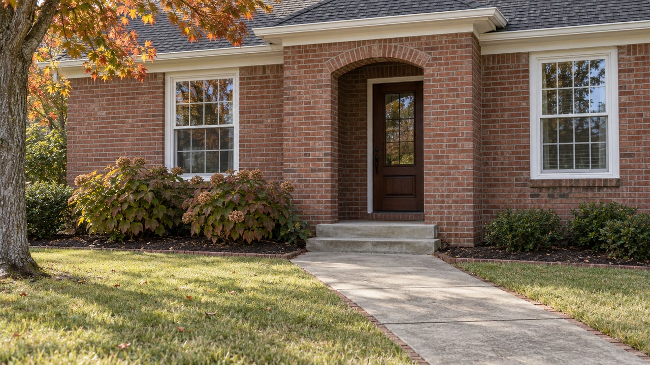 Red-brick home's arched entry and paired white-trimmed windows above a concrete approach, with amber maple leaves and oakleaf hydrangeas.