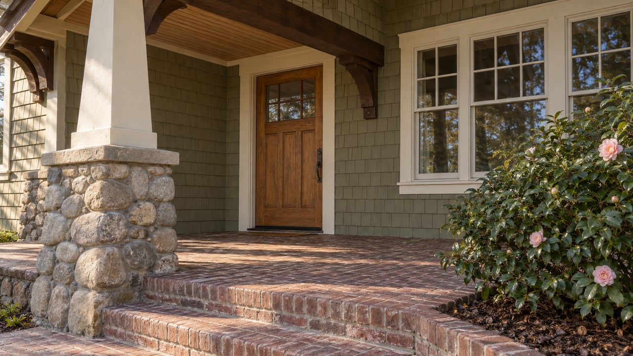 A covered porch with a tapered timber column, river-stone pier, weathered brick steps and a flowering camellia beside a glazed oak front door.
