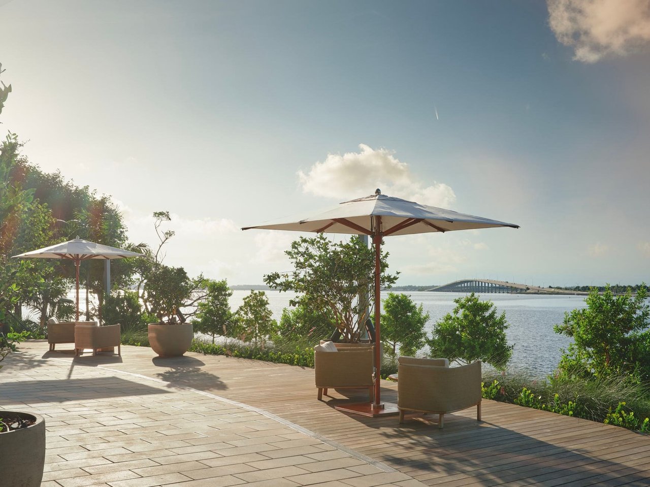 Baywalk and Landscaped Terrace at UNA Residences on the Brickell waterfront in Miami, Florida.