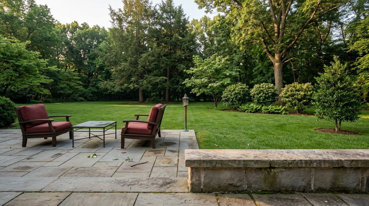 Raised stone terrace overlooking a patio with red-cushioned teak chairs, a lawn, and a tree-lined border.