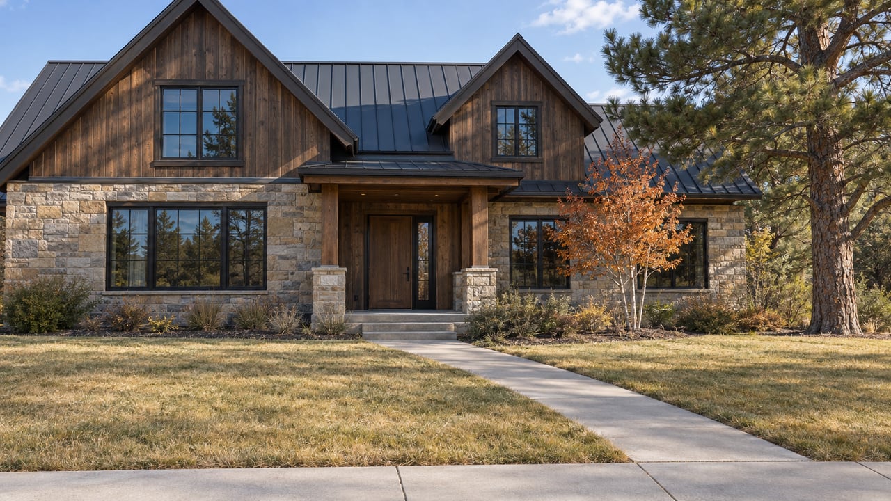 A stone-and-timber home with steep gables, a deep autumn lawn, and a concrete walk leading to a covered entry.