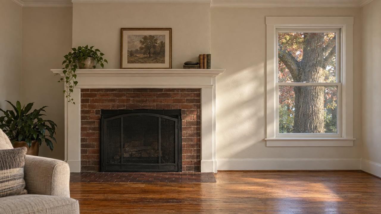 Living room with brick fireplace, linen armchair, and window framing a mature oak tree.