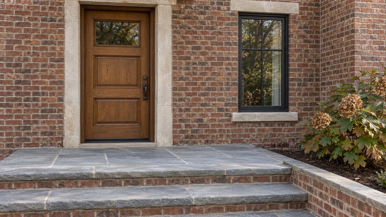 Close view of a brick home's oak front door, limestone lintels and bluestone steps beside an oakleaf hydrangea.