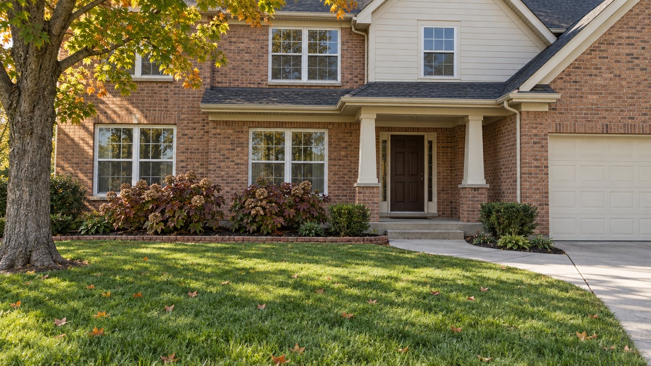 Maintained two-story brick home with a covered entrance, deep green lawn and a mature maple with early autumn color.