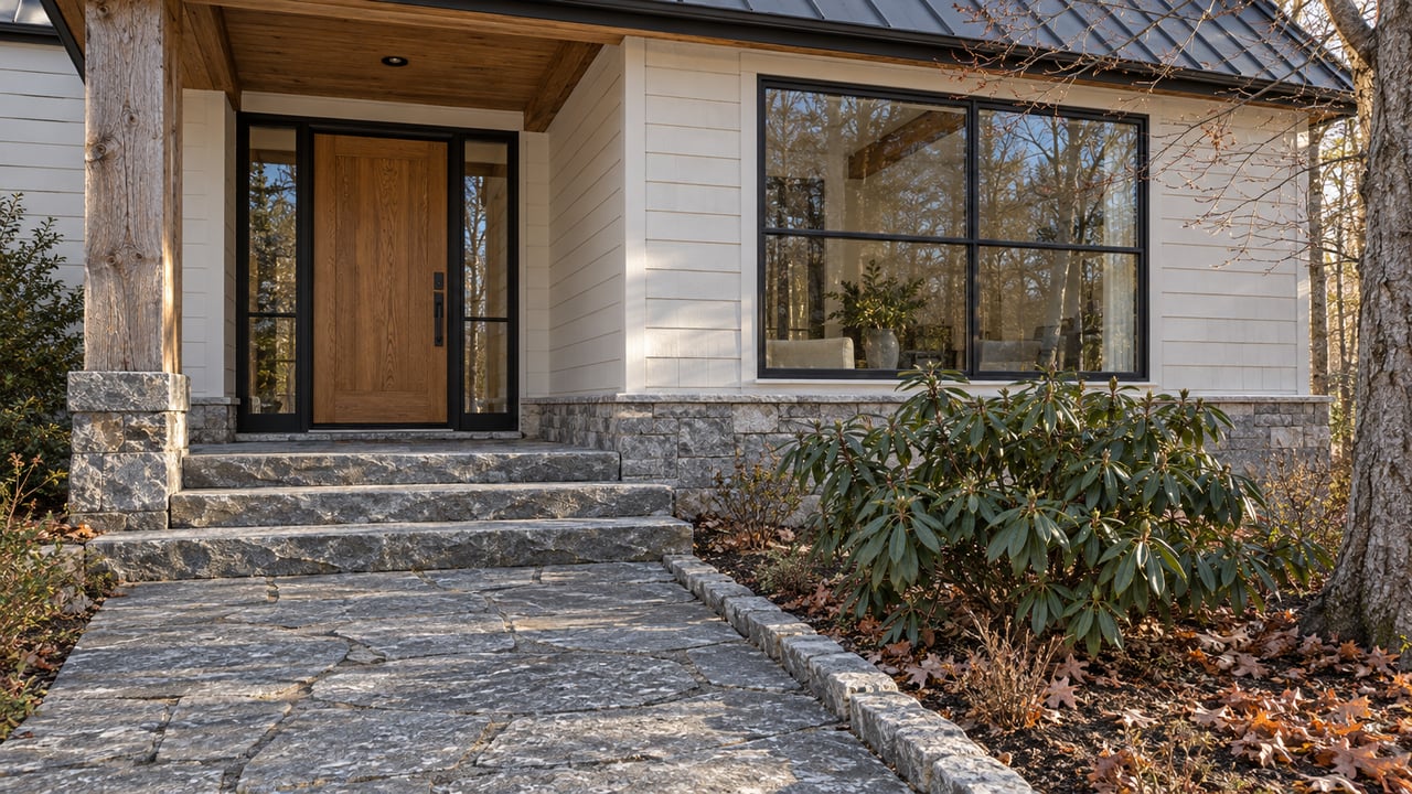 Winter light across a stone approach, oak entry door and large window of a wooded home.