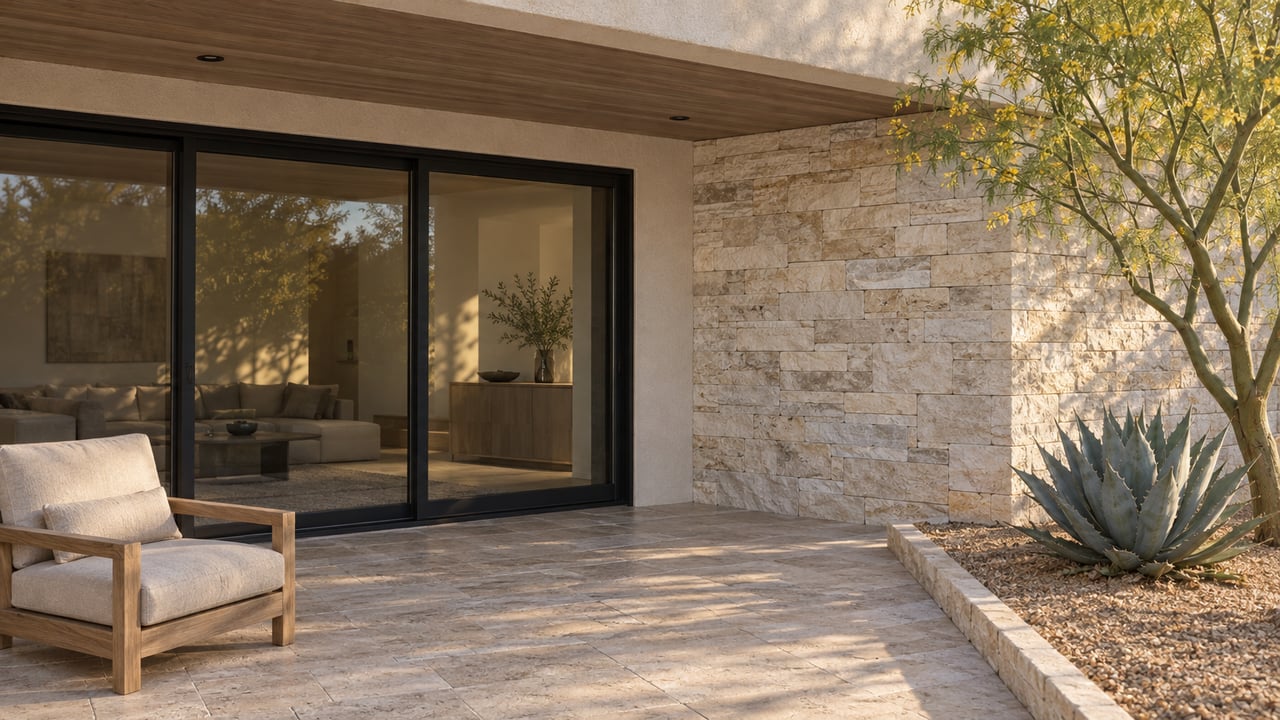 A shaded stone terrace with a teak lounge chair, black-framed glass doors and sculptural desert planting.