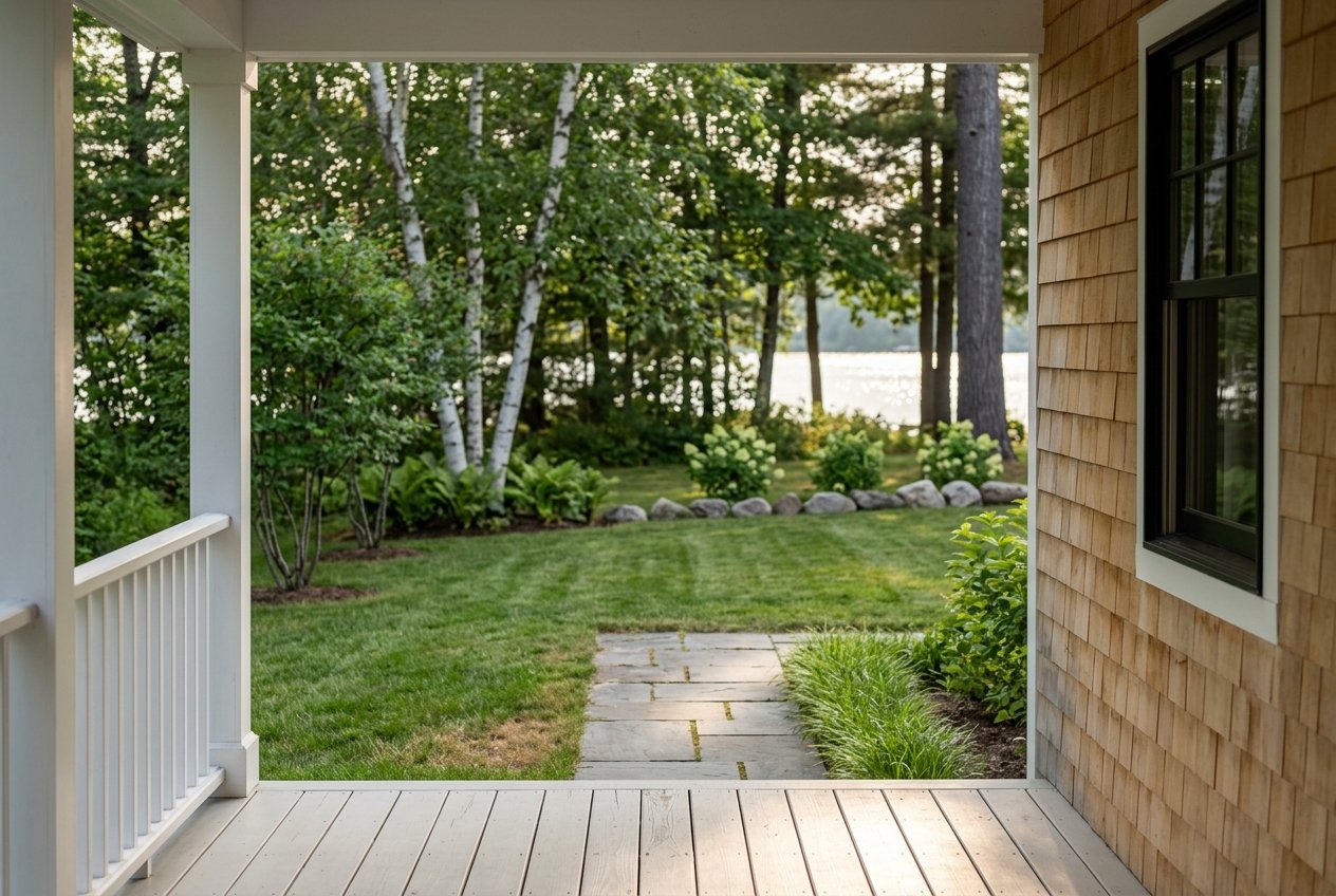 Covered cottage porch opens onto a path through trees, with a glimpse of lake water.