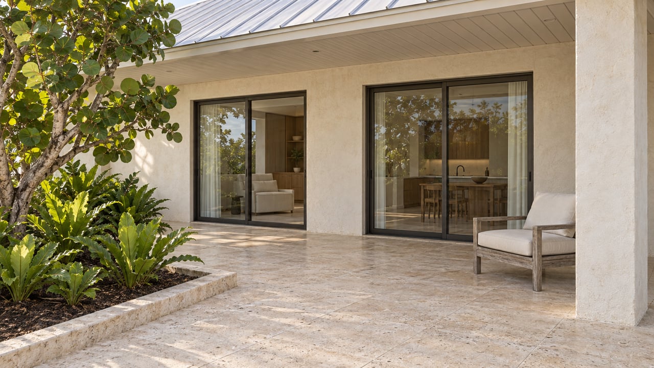 Ivory stucco home with a shaded limestone gallery, bronze-framed glass doors, a teak lounge chair and sea grape planting.