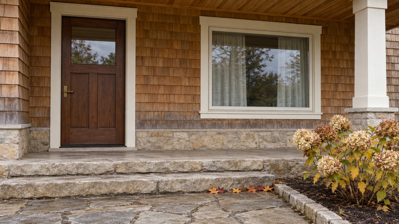 Cedar-shingle home entry with an oak door, limestone steps and a hydrangea carrying dried autumn blooms.