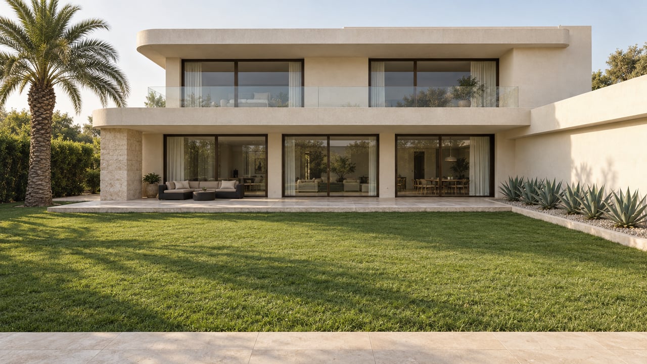 Cream contemporary residence with layered terraces and bronze-framed glazing beyond a deep lawn, a mature date palm and edged succulent planting.