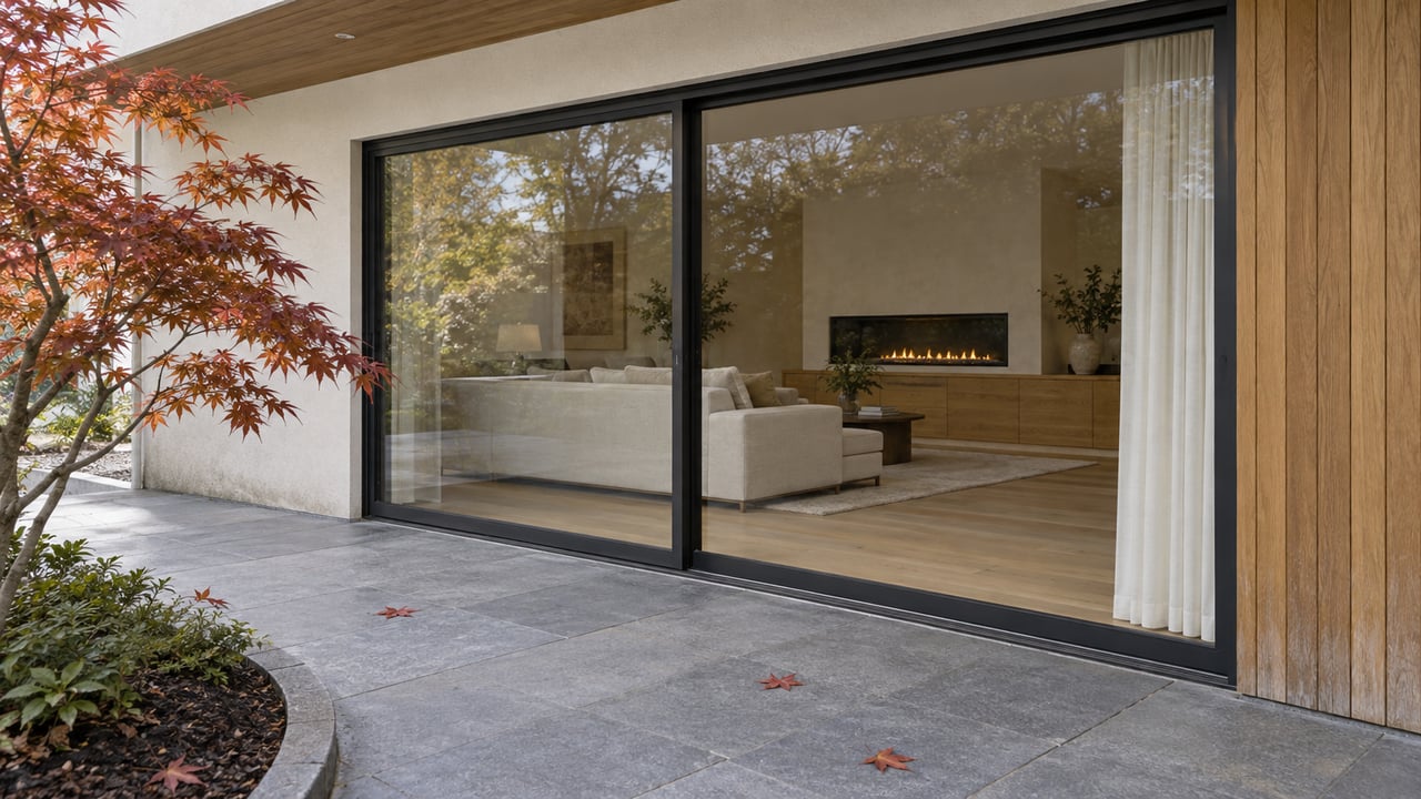 Covered stone terrace beside black-framed glass doors, with warm oak detailing and a copper-leaved Japanese maple.
