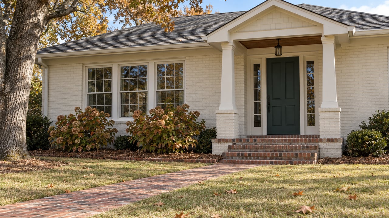 Cream painted-brick home with a green front door, white divided-light windows, brick steps and an autumn lawn beneath a mature oak.