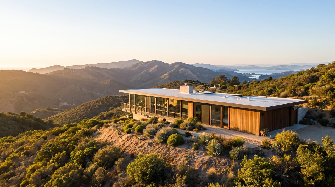 Modern glass-and-wood home on a hillside overlooking mountains and a distant bay at golden hour.