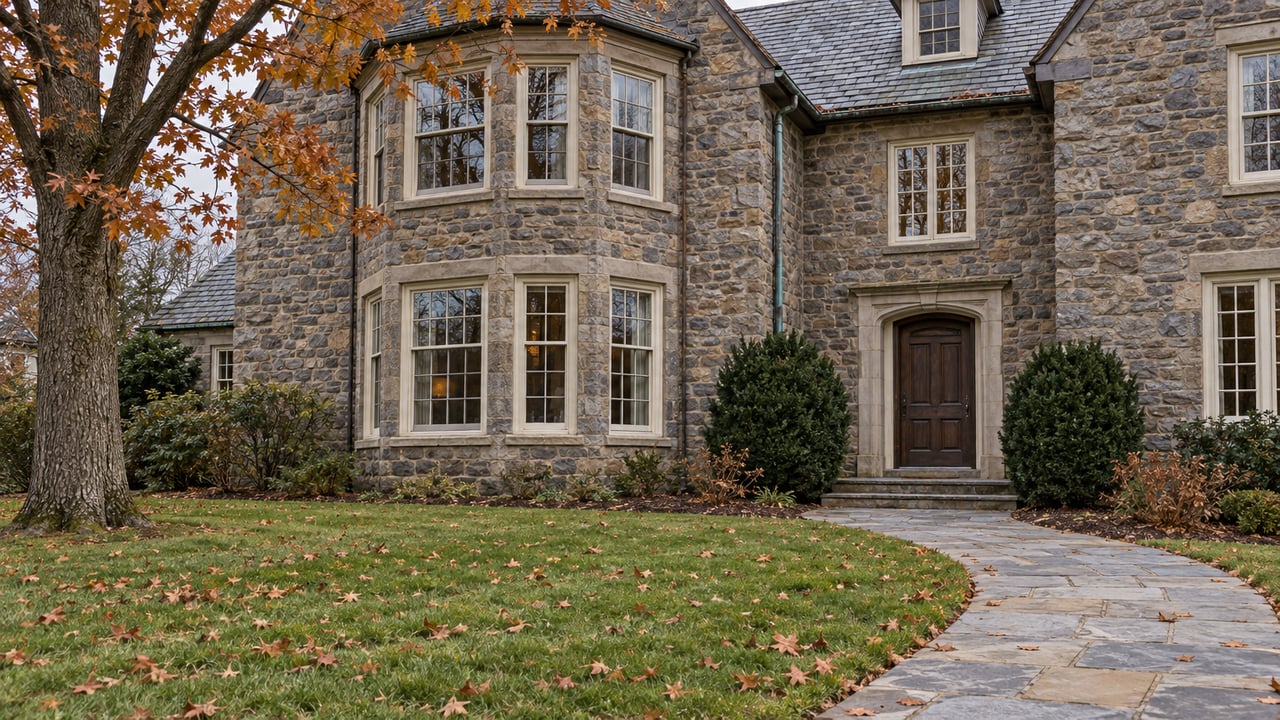 A stone house with ivory sash windows and a slate roof overlooks a gently sloping autumn lawn and curved flagstone approach.