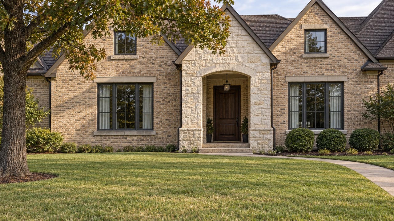 A gabled brick and limestone home beyond a broad lawn, with a mature oak and curved concrete entry walk.