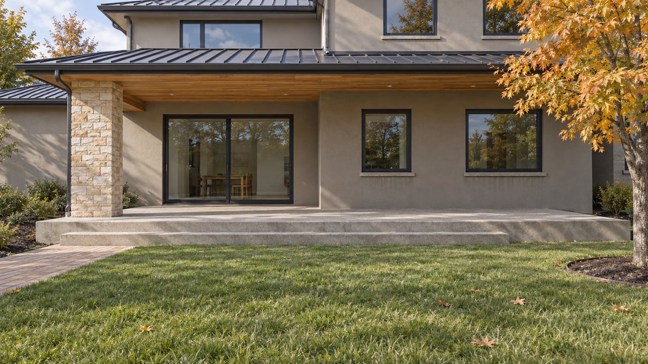 Autumn lawn and maple beside a raised concrete terrace, sandstone pier and wood-lined overhang on a stucco home.