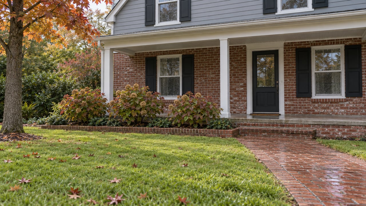 Brick and gray-sided home with a covered white-column porch, damp brick approach, broad lawn and autumn hydrangeas.