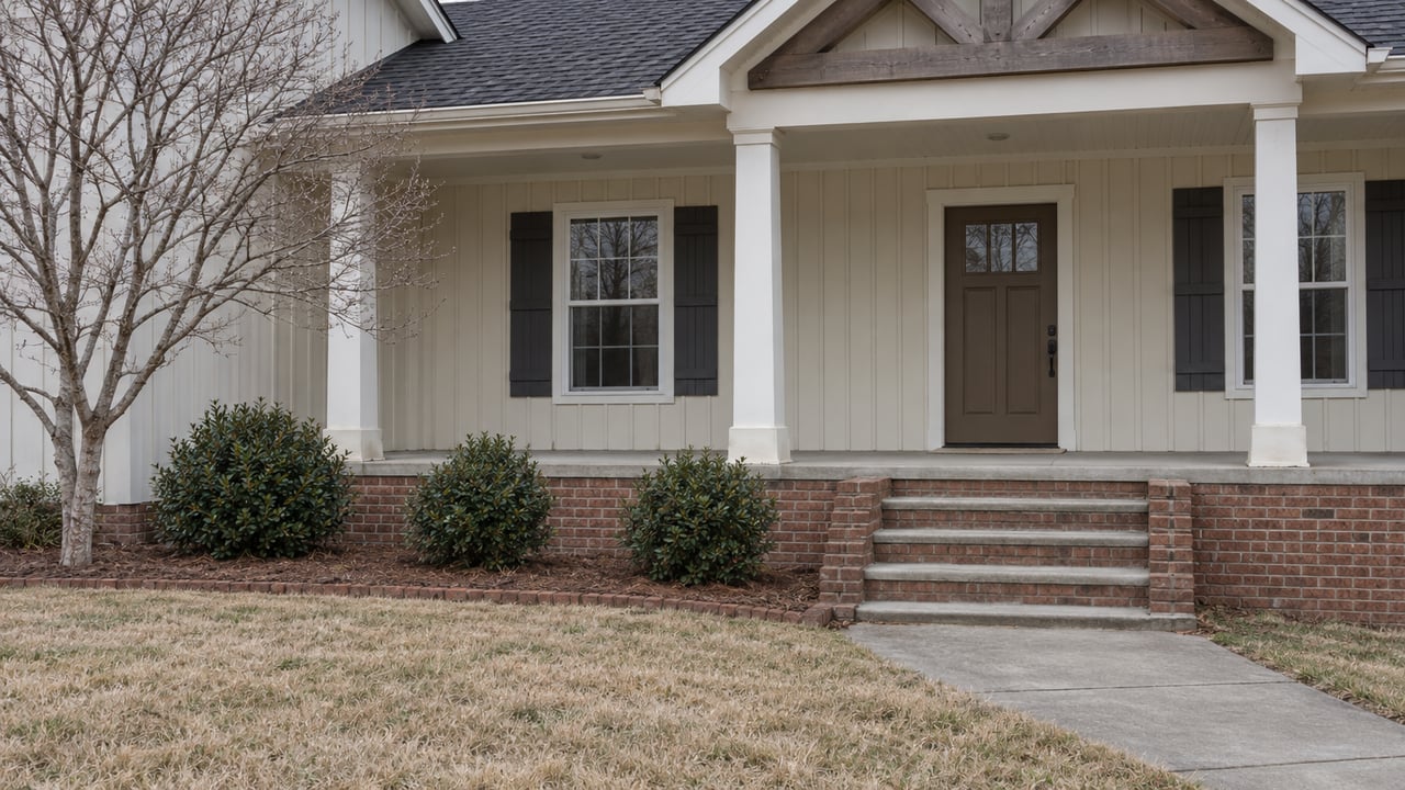 Winter afternoon view of an ivory-sided home with a brick porch foundation, covered entry, dormant lawn and a leafless flowering dogwood.